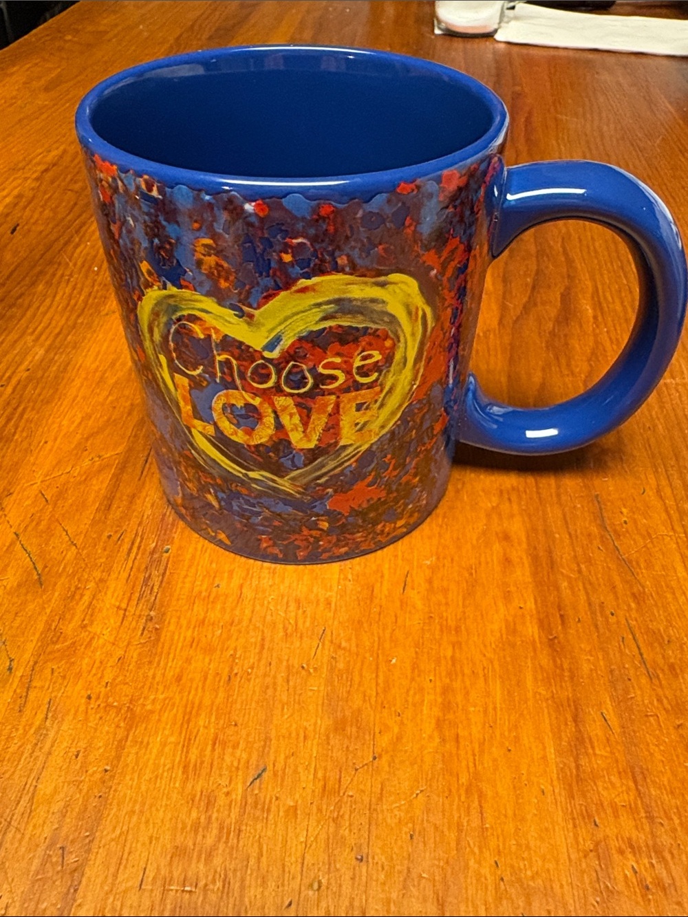 Blue Ceramic 'Choose Love' Mug with Yellow Heart Accent